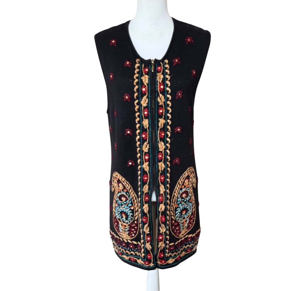 Carole Little Knitwear Black Embroidered Paisley Sequin Zip Up Long Vest Large